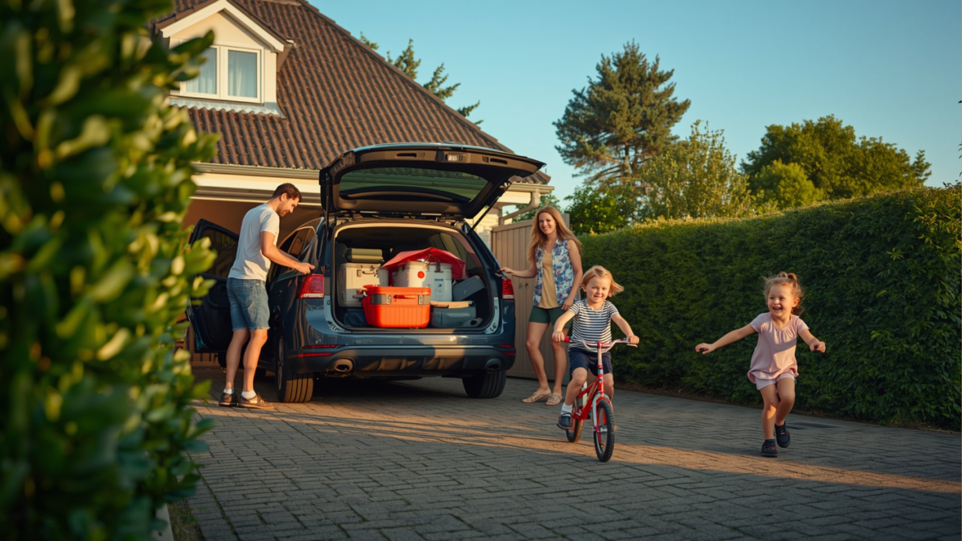 Familie pakker bilen foran deres hus